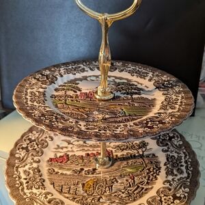 Vintage Two-Tiered Brown and Gold Serving Stand- Old Country Castle Pattern